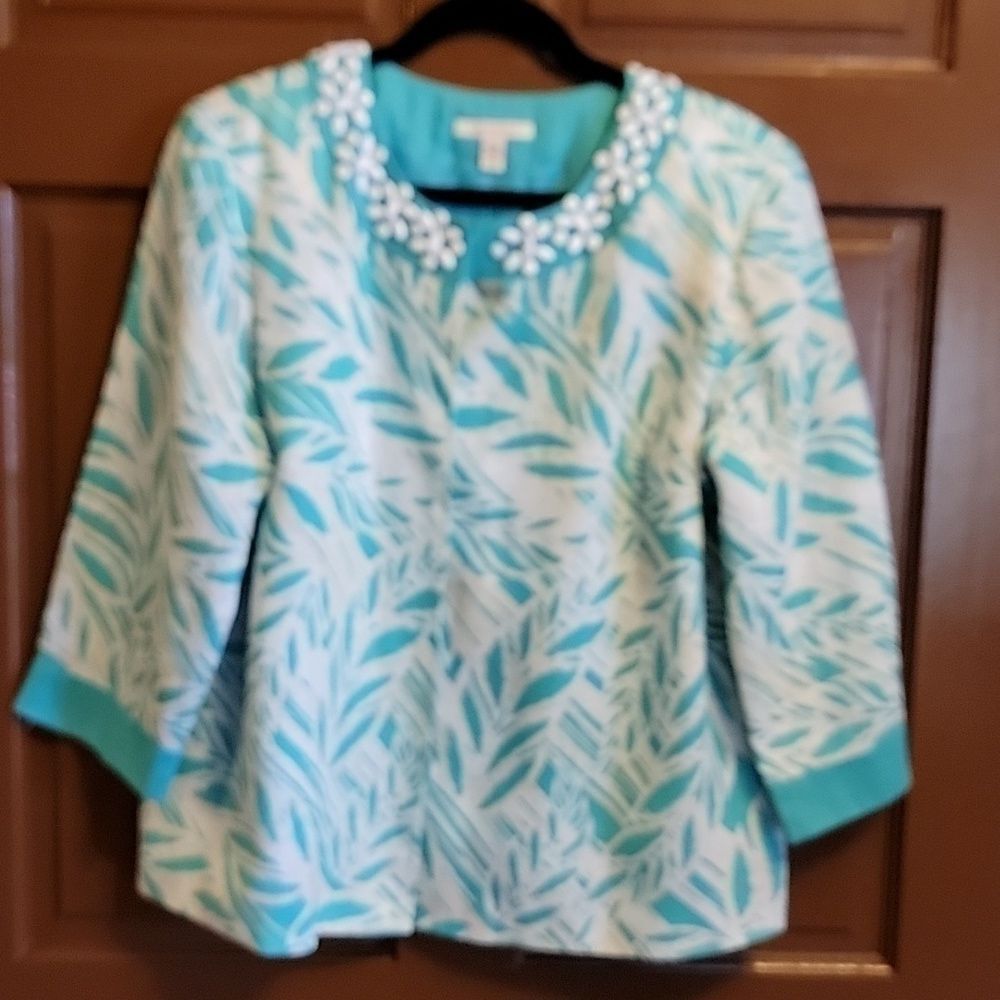 JM Collection-Linen light teal, white,  bge 3/4 sleeved jkt. Size 12.